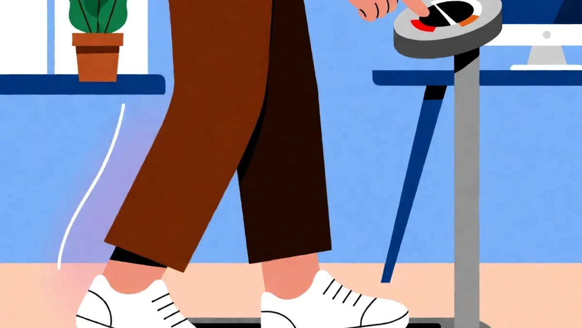 Illustration of a person using the 60-second taper technique on a walking pad