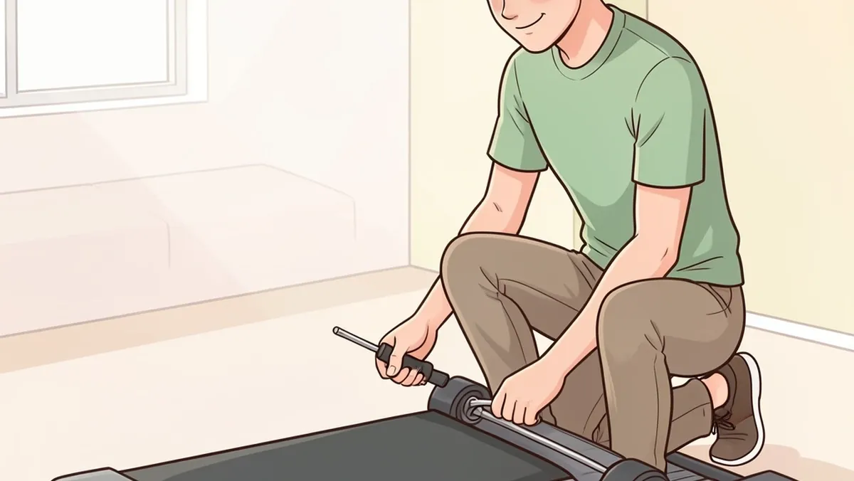 Person using a hex key to adjust the belt on a walking pad for proper tension and centering.