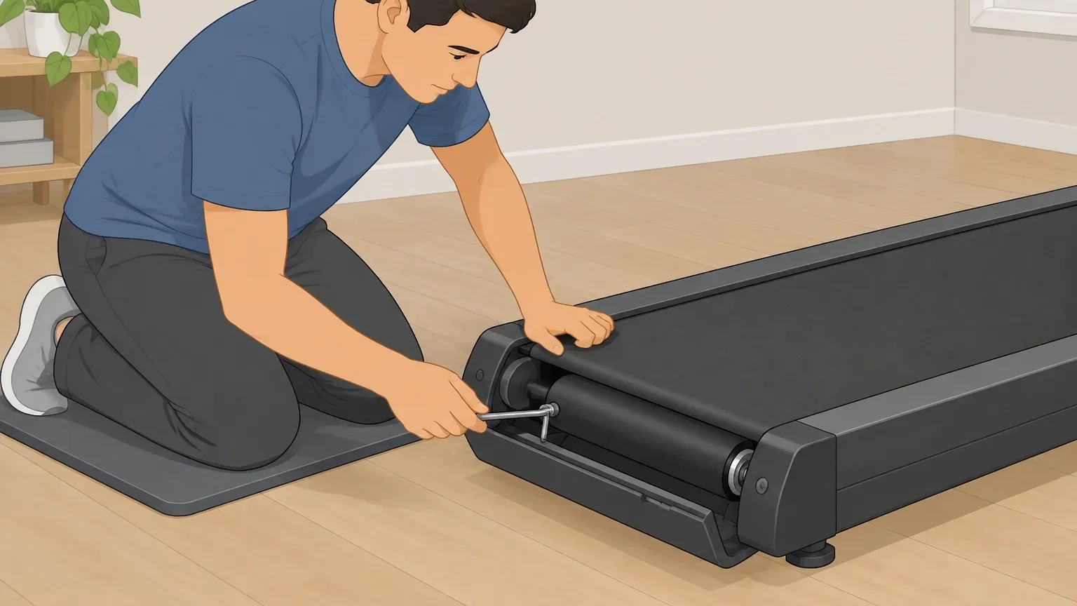Fixing a drifting walking pad belt Owner adjusting the belt tension of a Yagud walking pad with a hex wrench