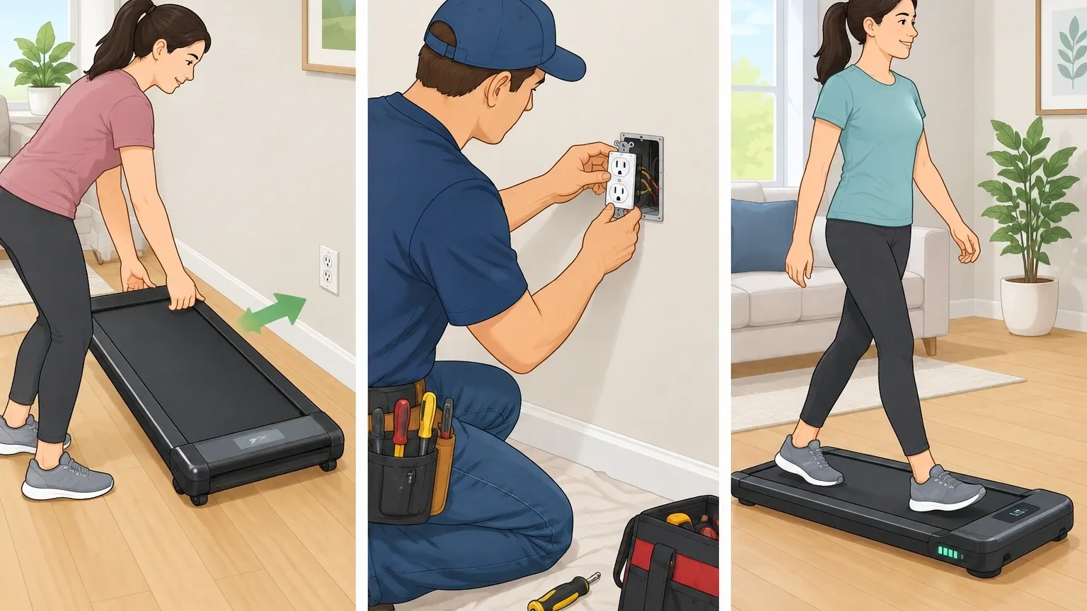 Alternative power solutions for walking pad Three alternatives to extension cords: moving pad close to outlet, installing new outlet, and using cordless pad