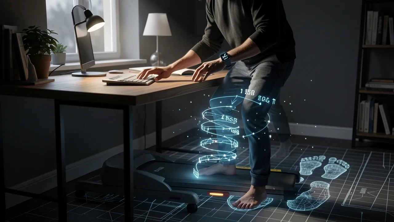 Person typing at desk treadmill while smartwatch misses steps and holographic step data visualizes lower body motion