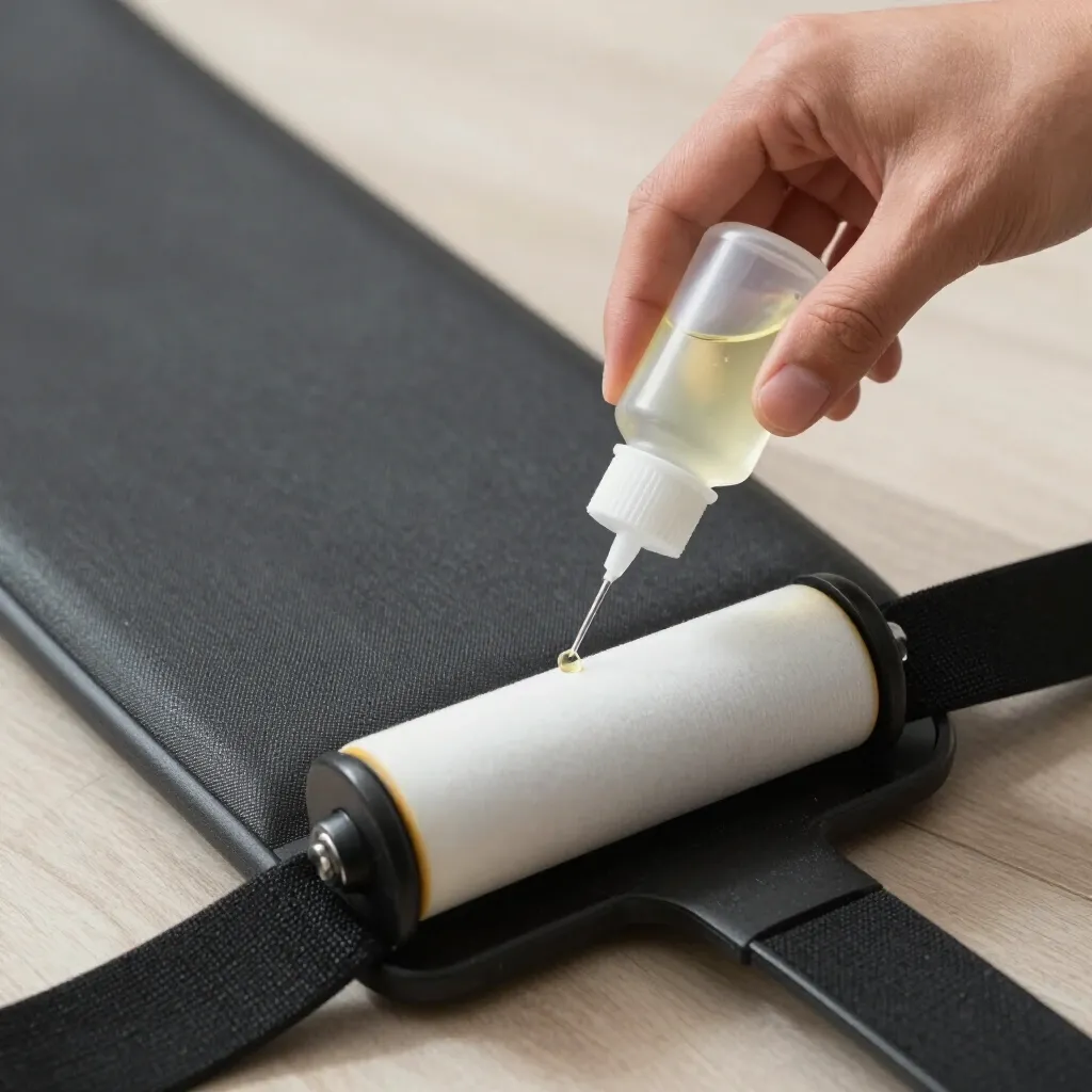 Applying Silicone Oil to Walking Pad Hand applying a drop of silicone oil to a walking pad belt using a needle-tip bottle