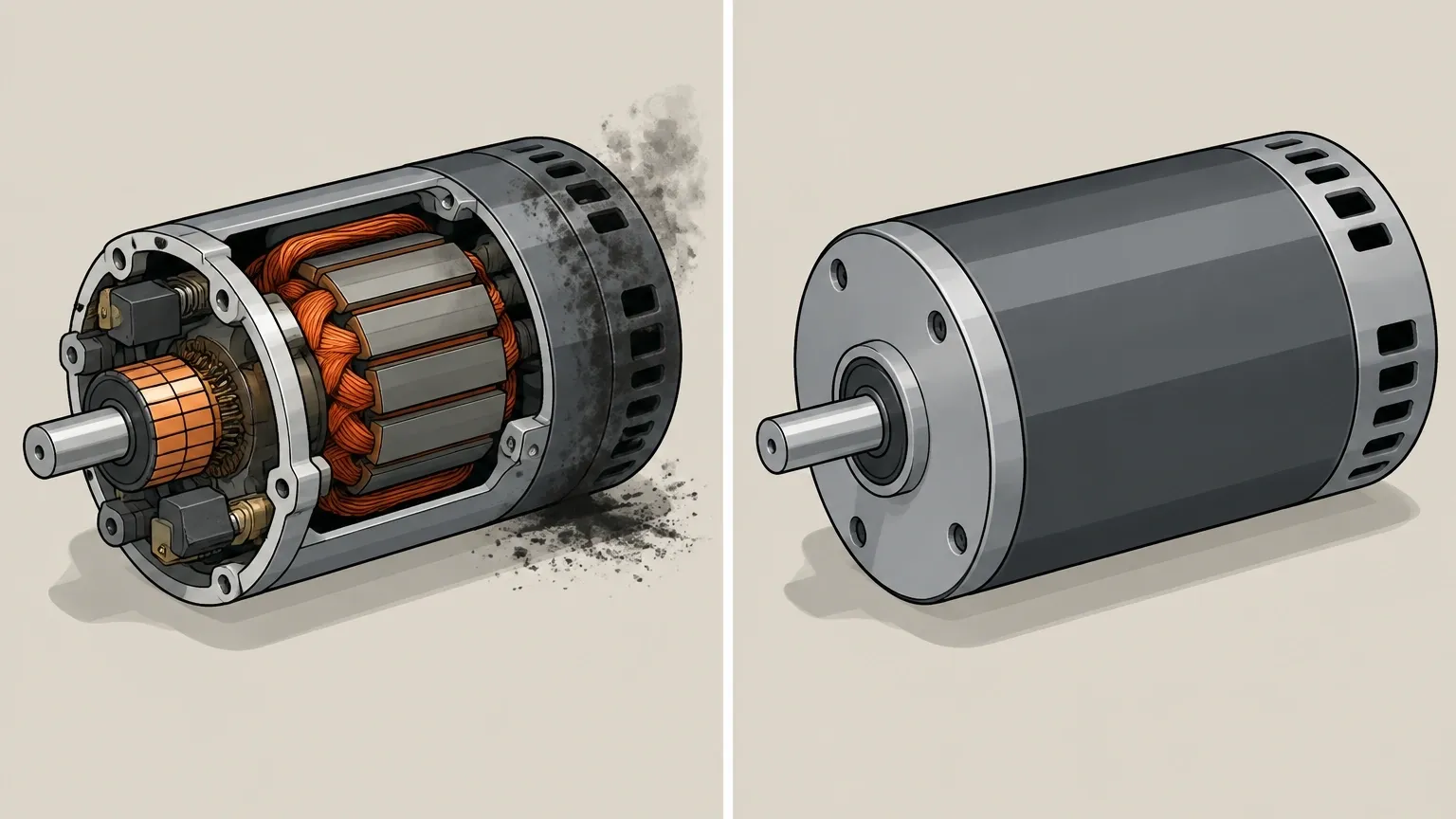 Brushed vs Brushless Walking Pad Motor Comparison of brushed and brushless walking pad motors, showing carbon dust differences