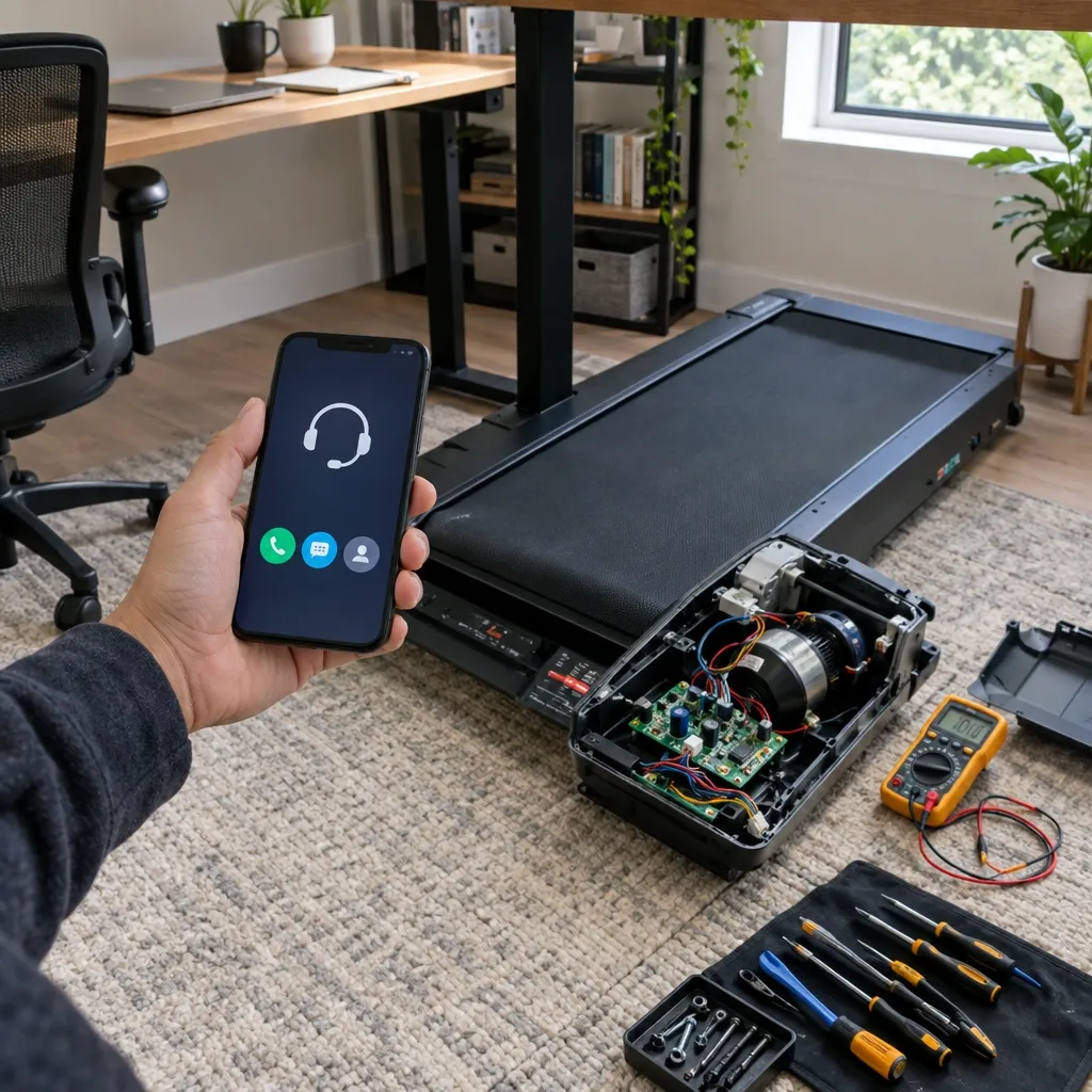 Person deciding to call professional support for under-desk treadmill repair after troubleshooting