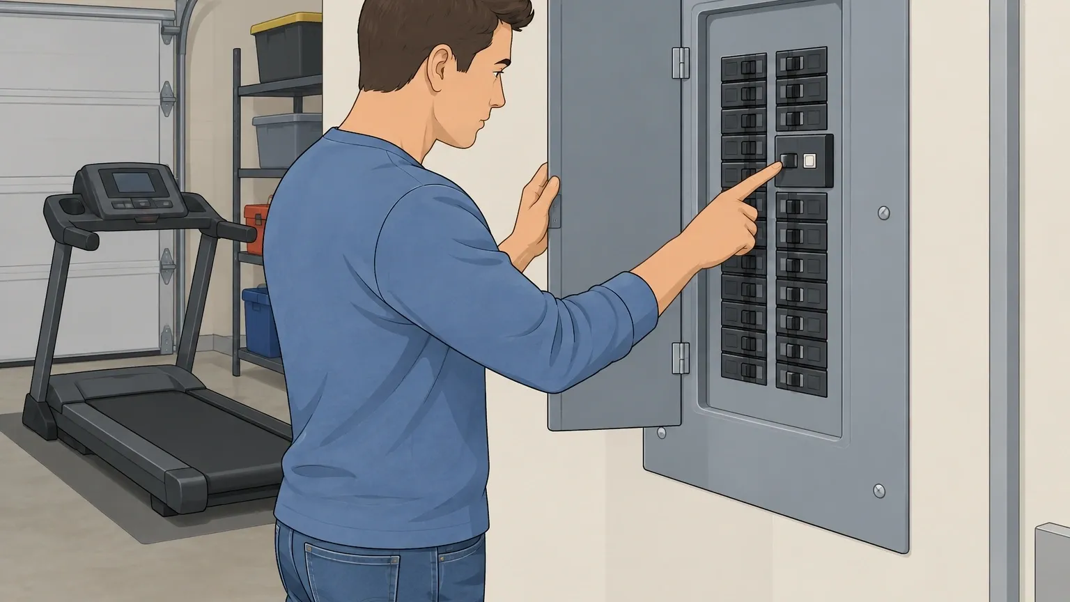 Person inspecting the breaker panel to identify whether it is a standard, GFCI, or AFCI breaker
