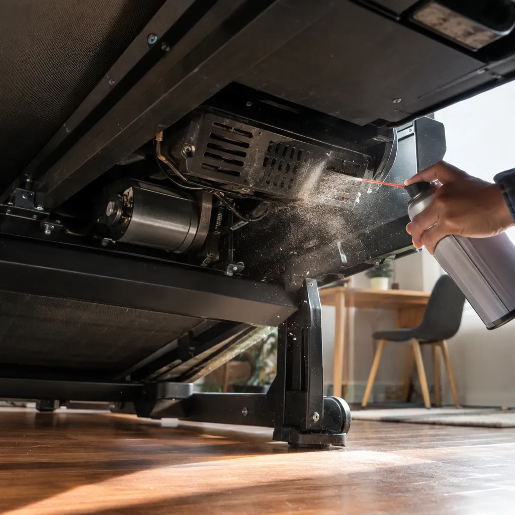 Using compressed air to clean dust from under-desk treadmill vents for heat management