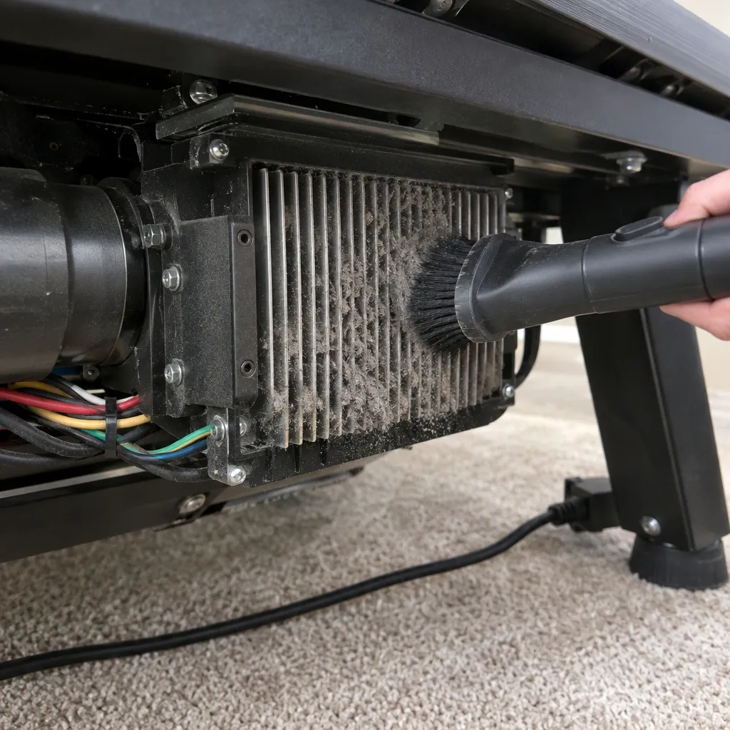 Vacuuming dust from the motor controller heat sink of an under-desk treadmill to fix E02 error