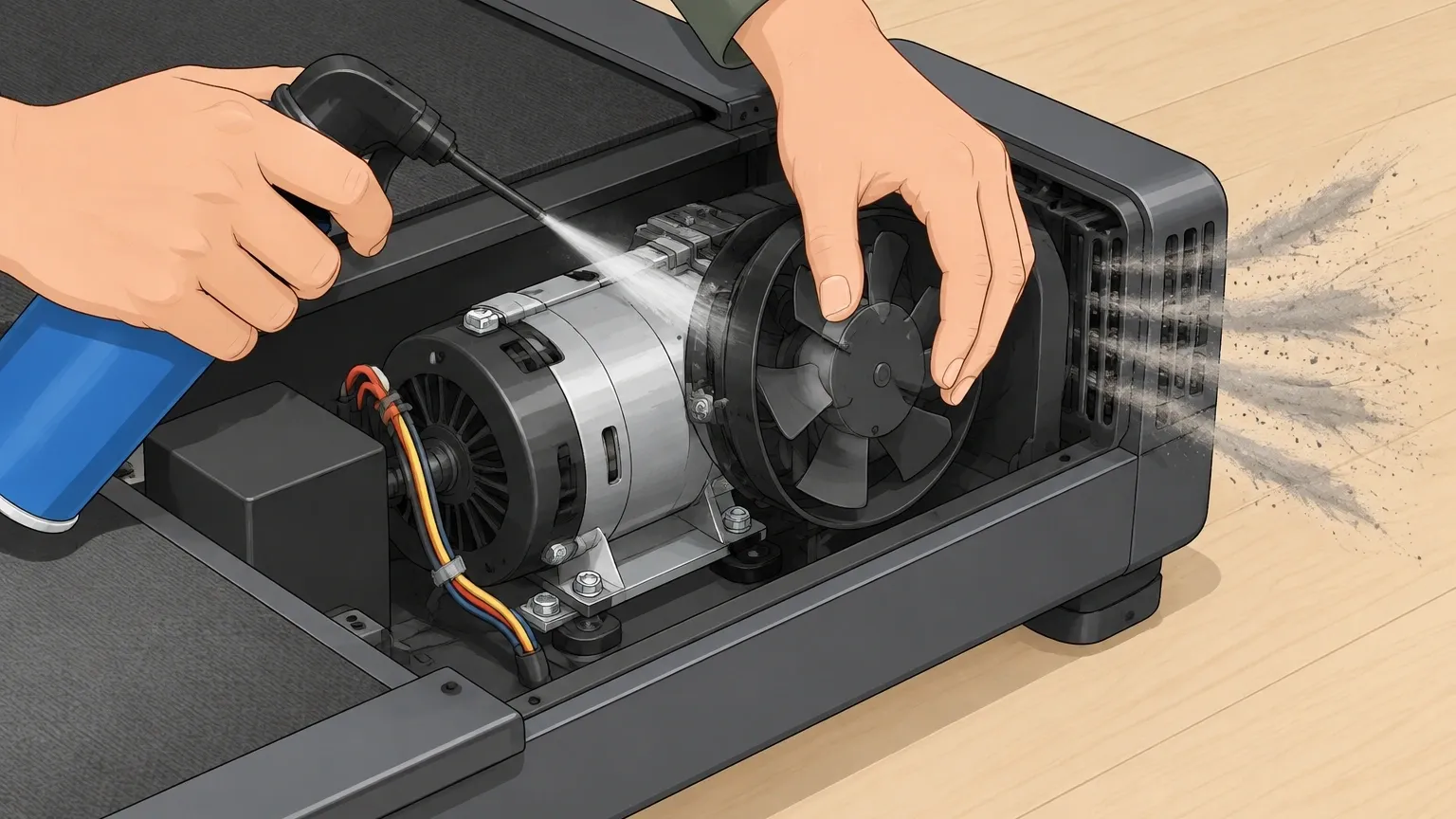 De-dusting the Walking Pad Motor and Fan Person blowing dust out of walking pad motor housing with compressed air while holding fan blades