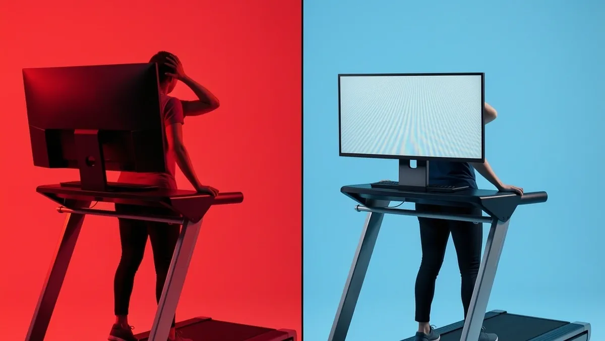 Avoid These Treadmill Desk Monitor Mistakes Comparison of incorrect and correct monitor heights on a treadmill desk to avoid neck pain