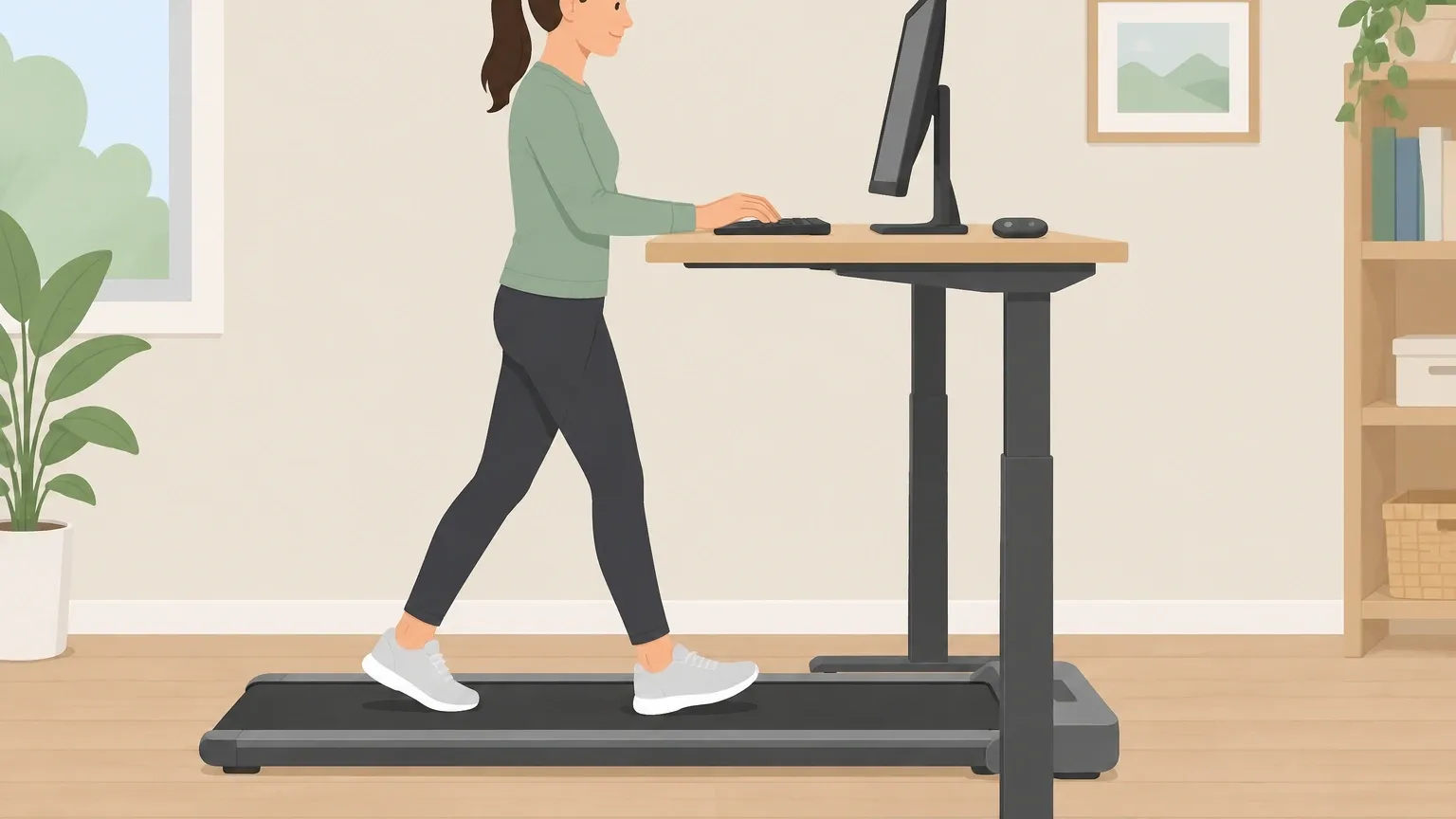 Slim walking pad under a desk Compact Yagud walking pad with slim profile tucked under a standing desk