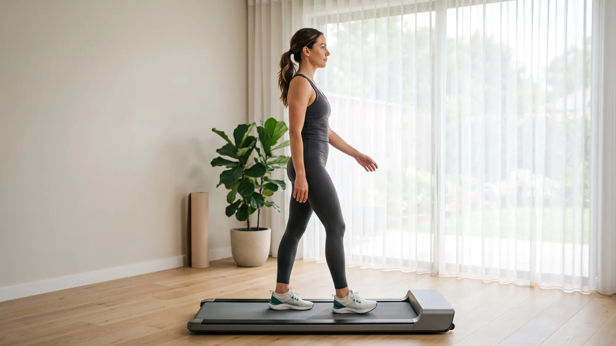 Perfect Walking Pad Alignment Woman standing tall with good posture while walking on a walking pad