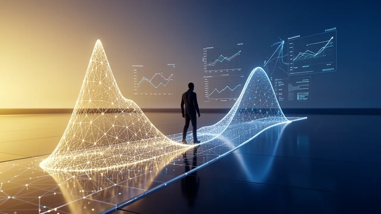 Silhouette walking along a glowing cortisol rhythm curve on a digital landscape, representing stress reduction