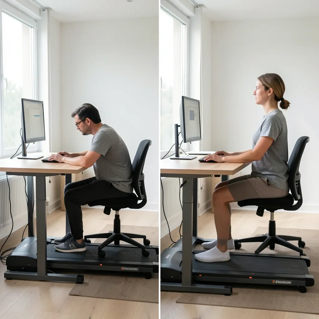 Desk Height and Posture Setup Comparison of correct and incorrect desk and monitor height for treadmill walking