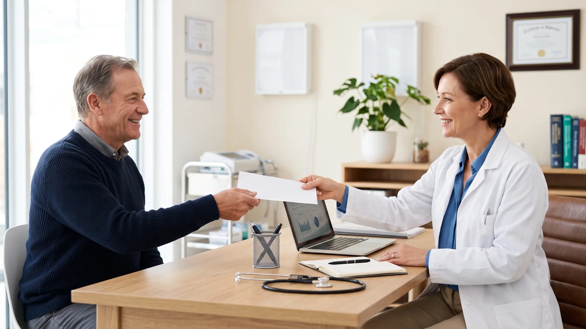 Doctor handing a Letter of Medical Necessity to a patient in a medical office.
