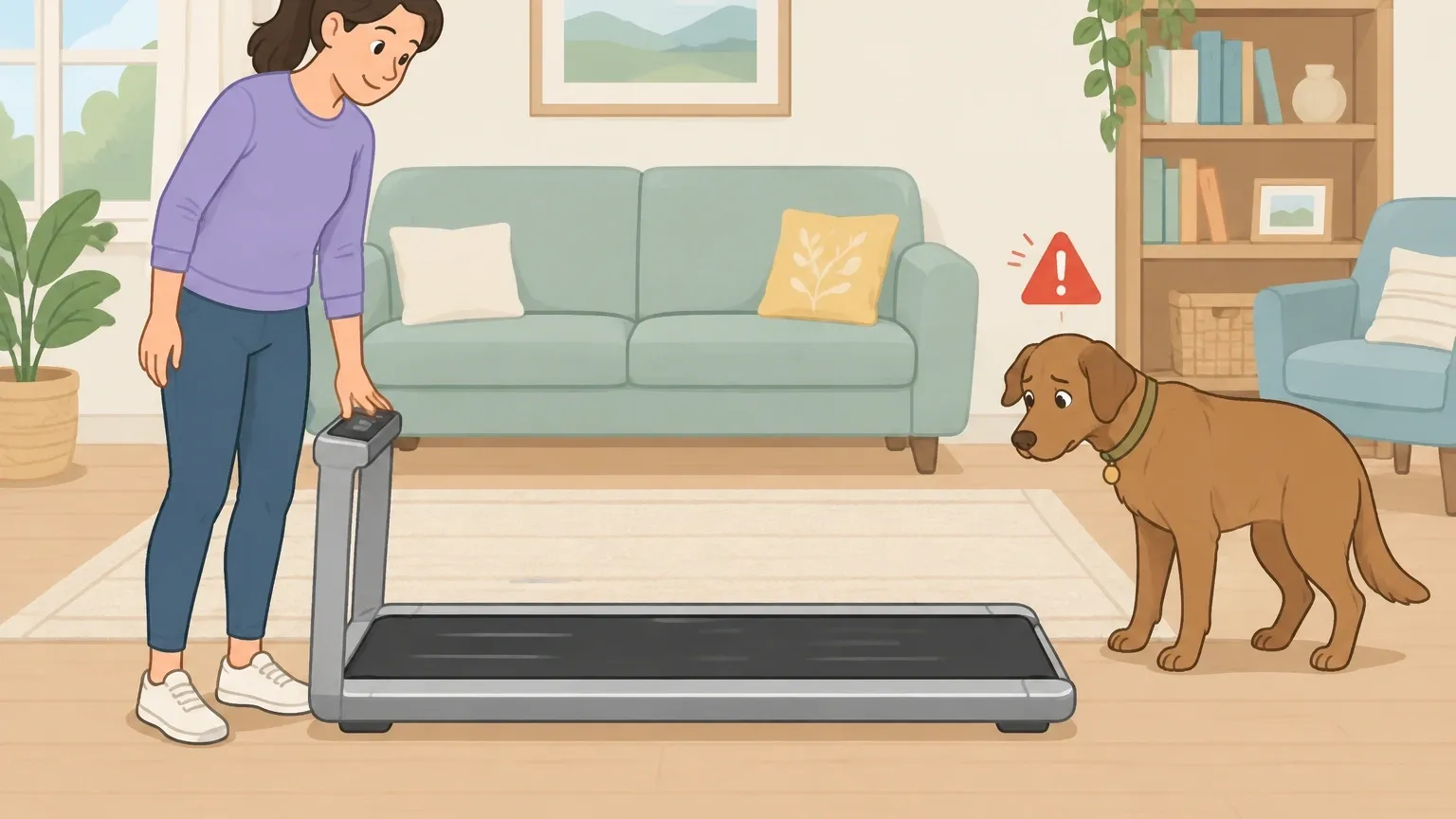 Illustration of a dog warily looking at a human walking pad while its owner stands nearby, showing the safety risk for dogs