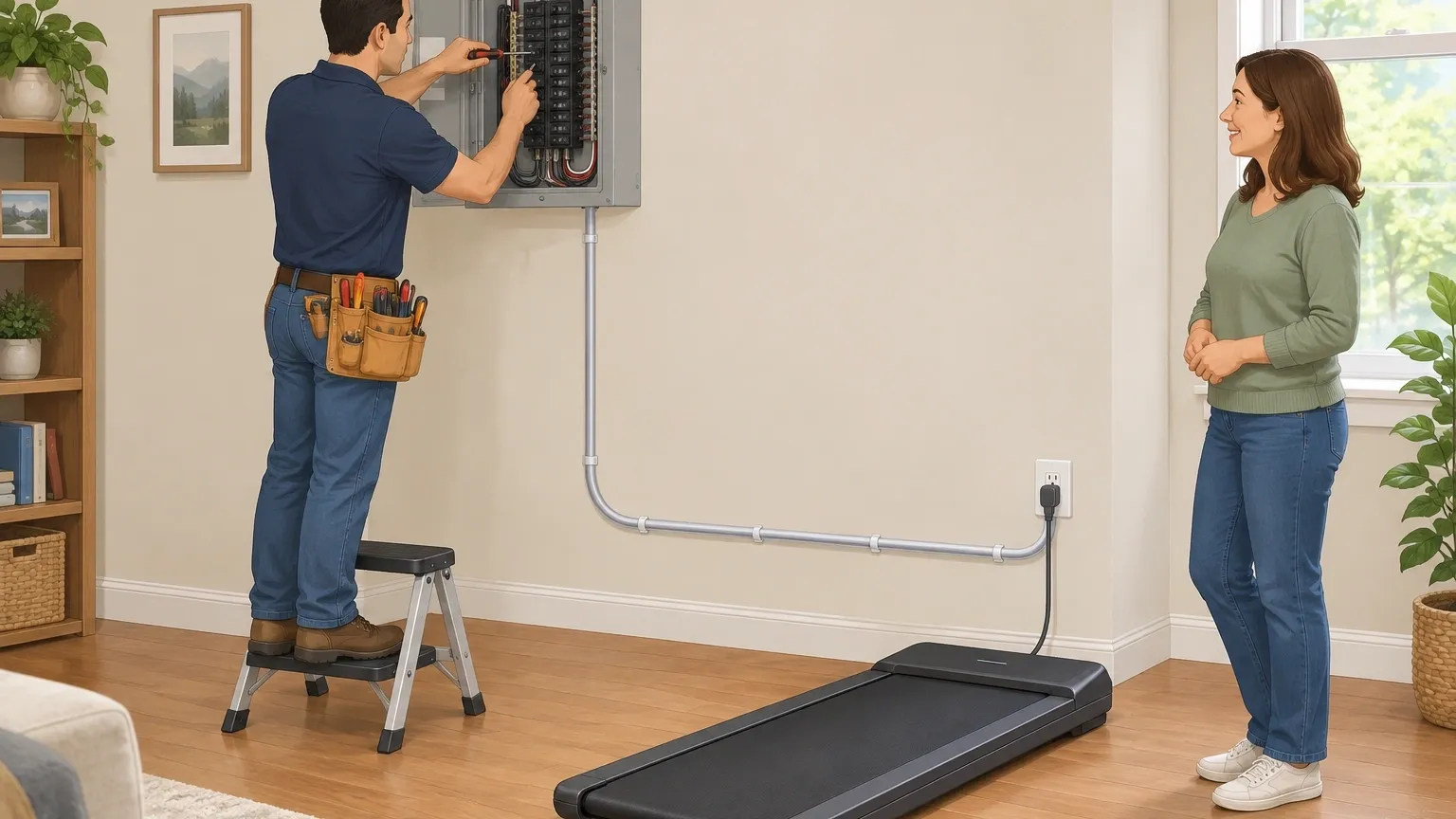 Electrician installing a dedicated circuit for a walking pad while the homeowner watches