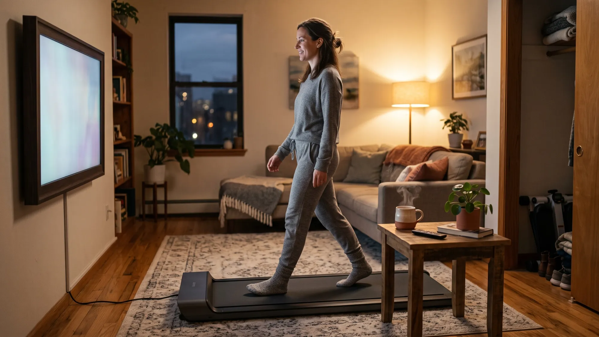 Sustainable Daily Walking Burn Woman walking on a walking pad while watching TV in a cozy living room