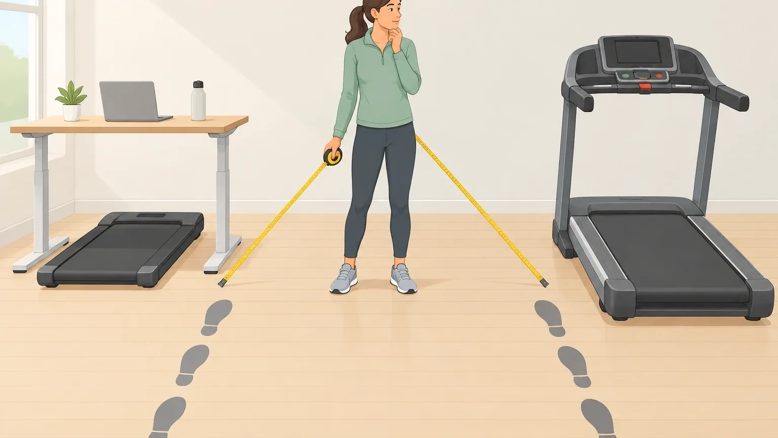 Walking Pad or Treadmill Decision Person measuring space on the floor while choosing between a walking pad and a treadmill