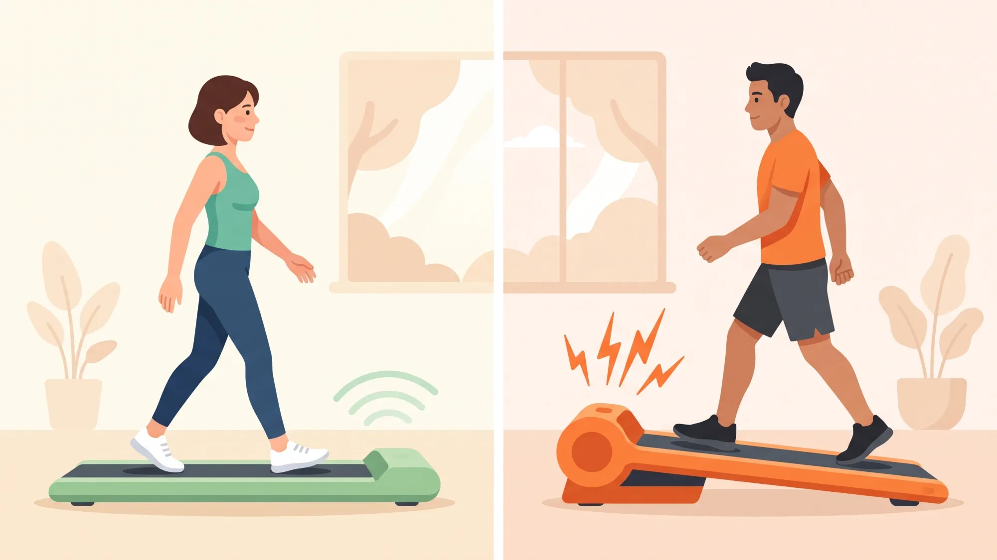 Flat vs incline walking pad noise comparison Side-by-side illustration of a quiet flat walking pad and a louder incline walking pad