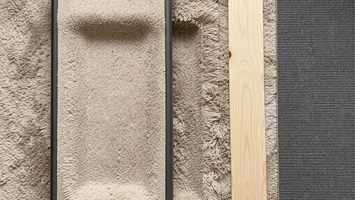 Plush carpet flattened under walking pad with plywood board and mat solution nearby