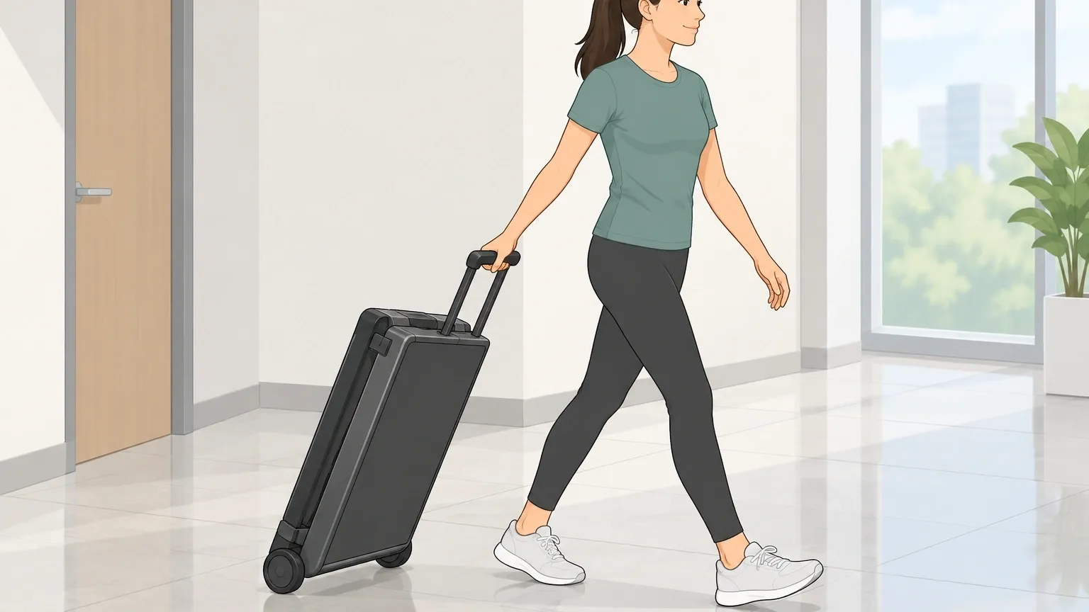 Luggage-style folding walking pad Person pulling a folded walking pad by a telescoping handle like rolling luggage