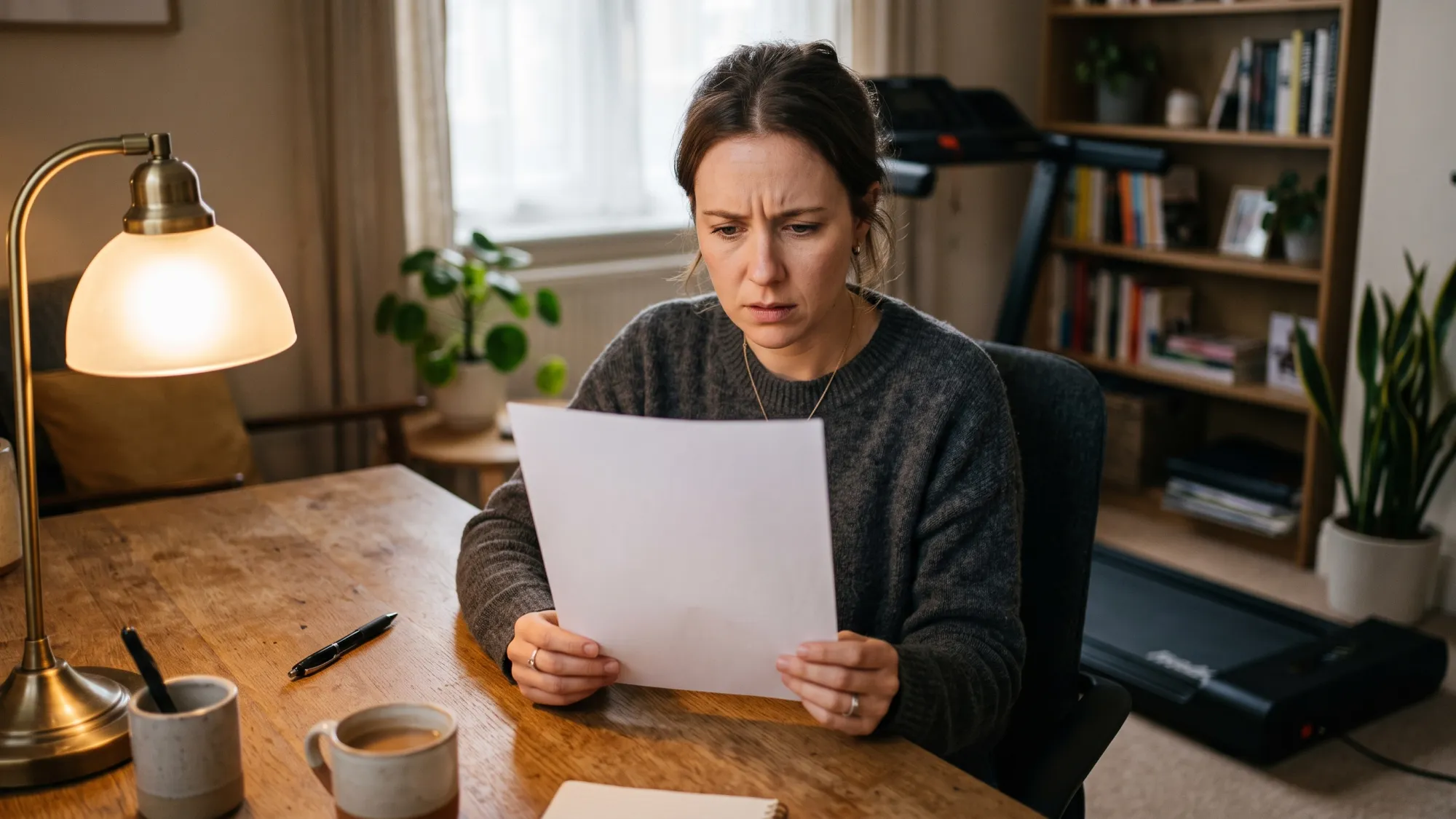 Person looking at a blank document near a walking pad, representing claim denial prevention.