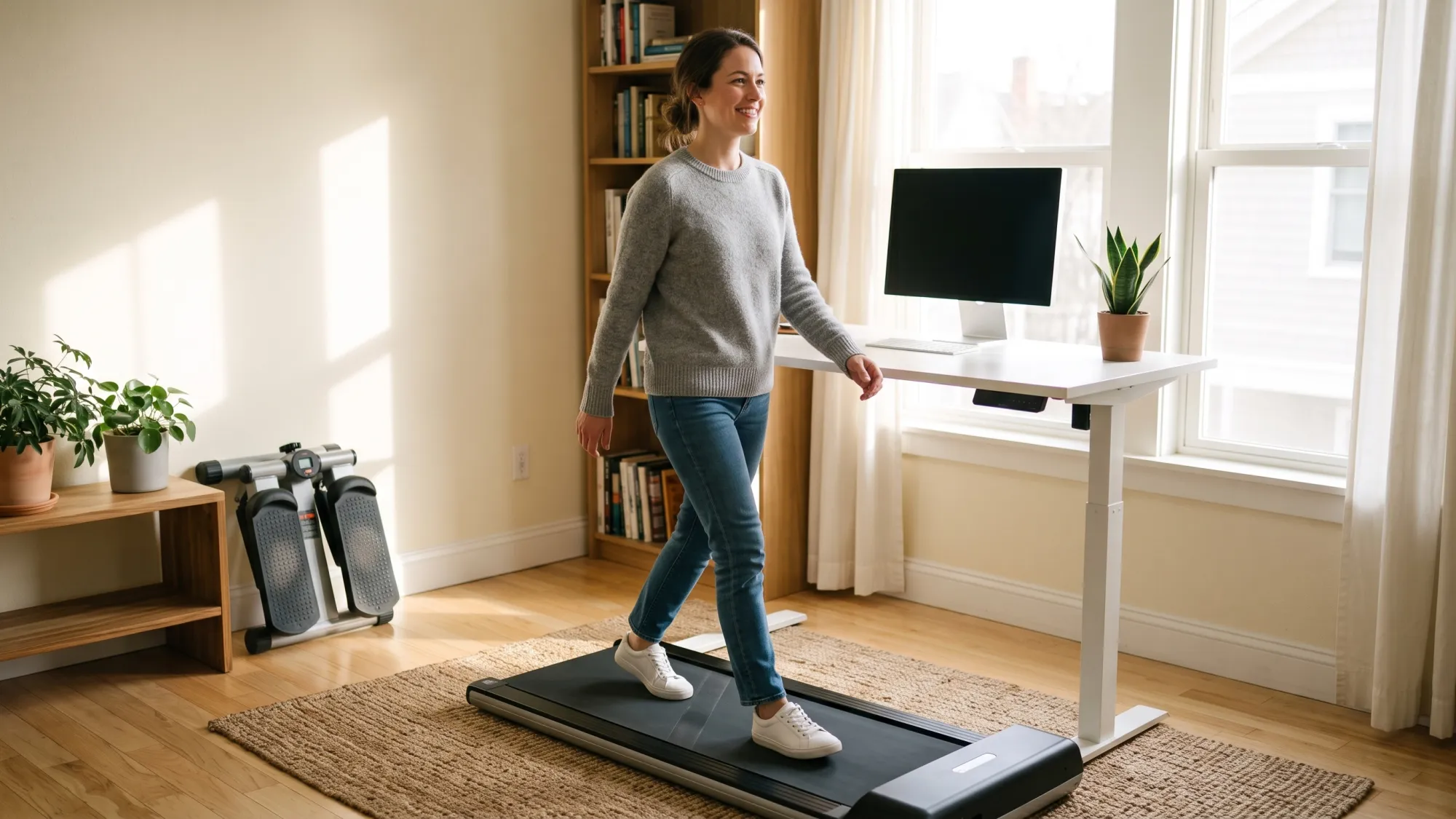Walking Pad: The Everyday Winner Smiling woman walking on a walking pad in a bright home office