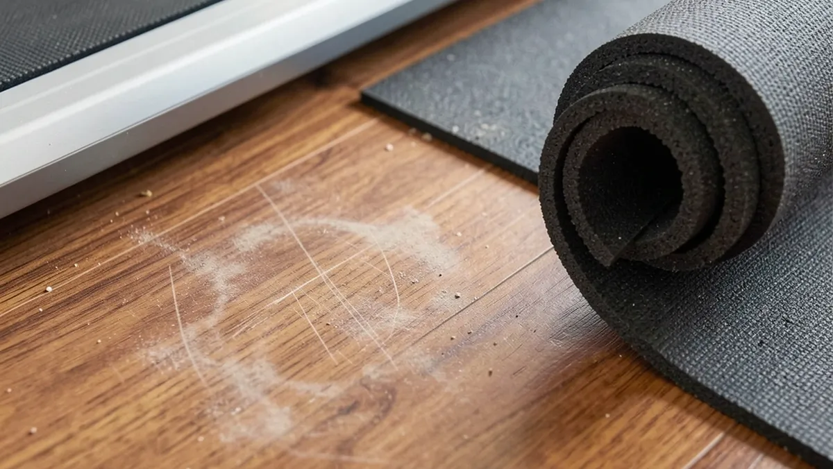 Close-up of cloudy scratch marks on hardwood floor under a walking pad belt