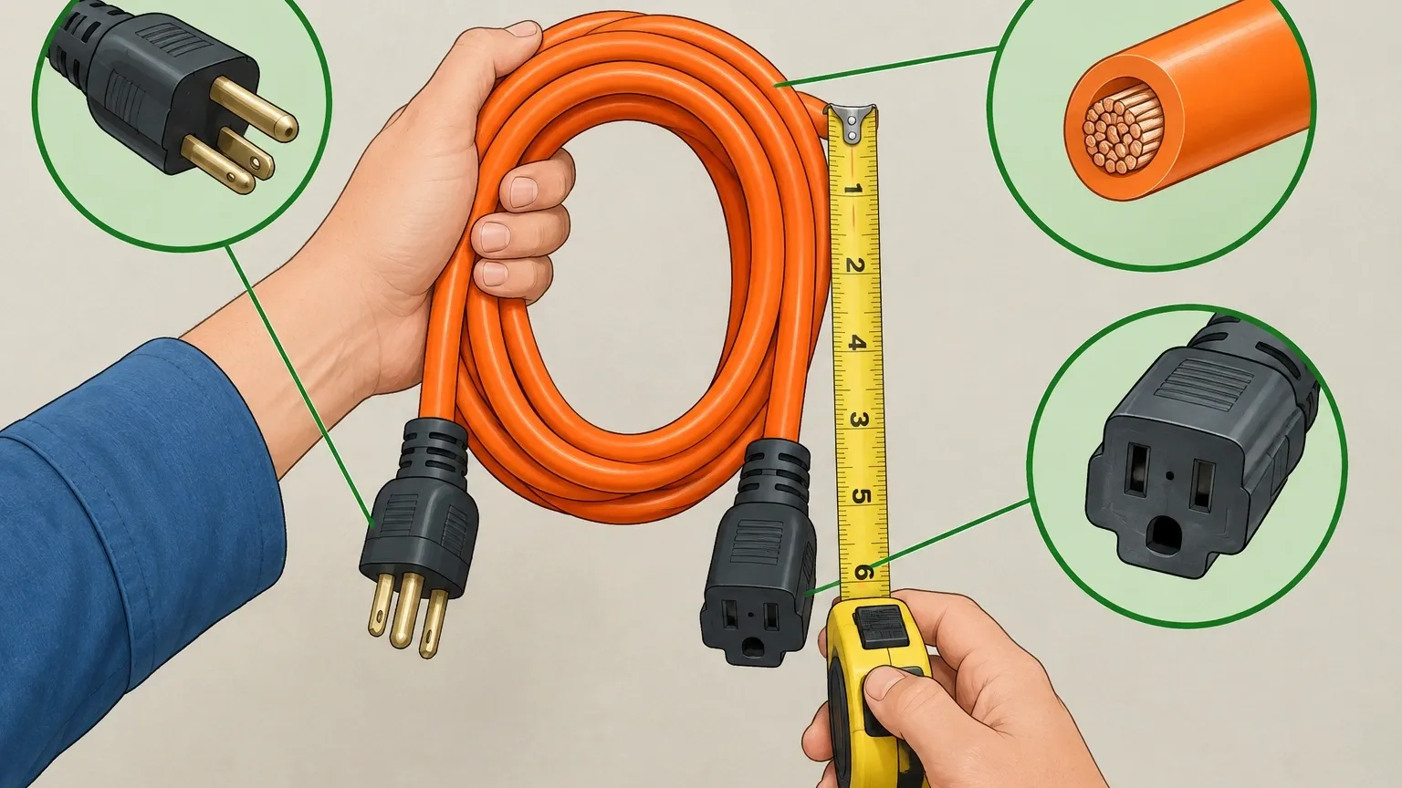 Heavy-duty extension cord for walking pad Close-up of a heavy-duty extension cord with three-prong plug being measured
