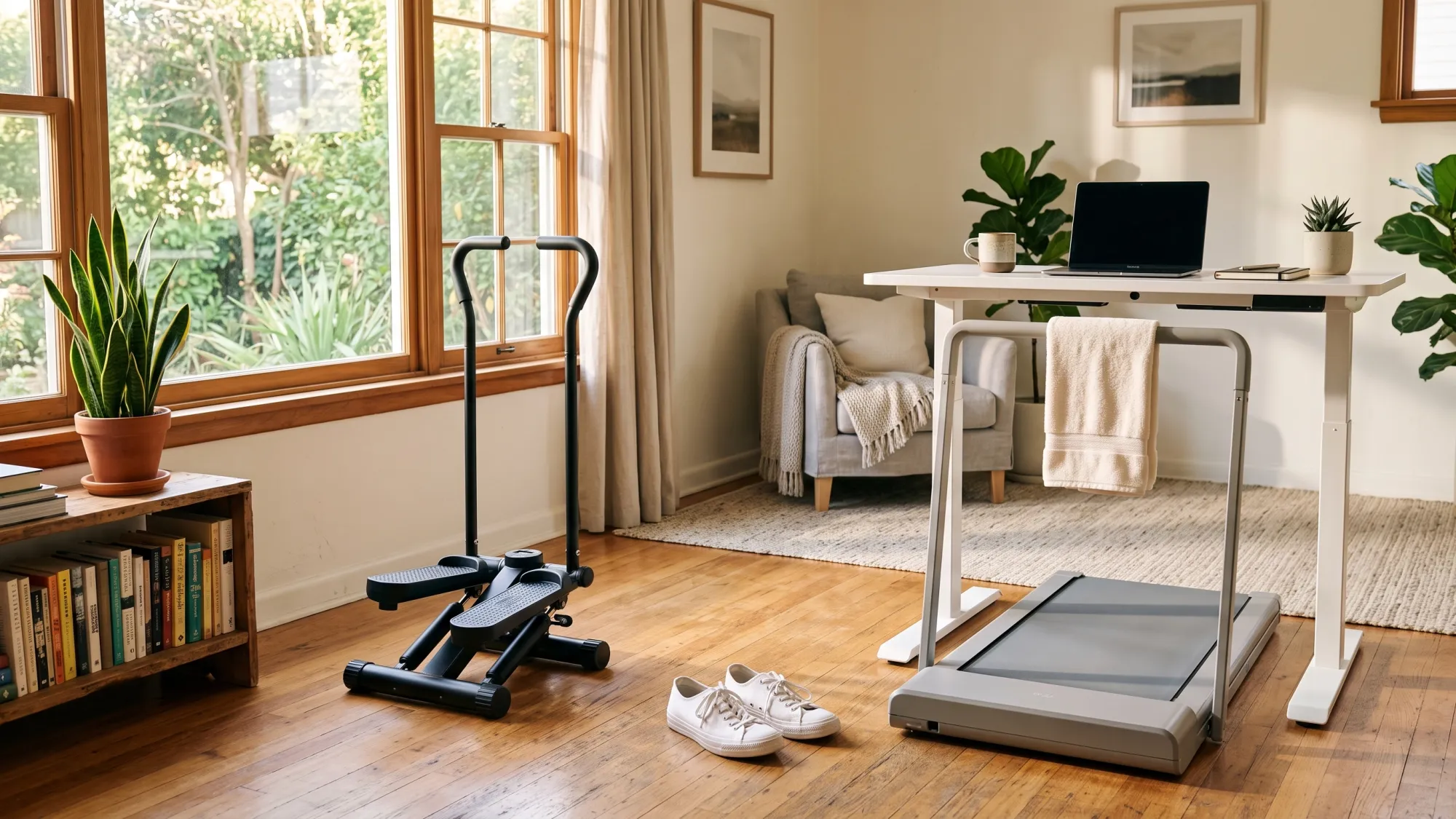 Compact mini stepper and walking pad positioned in a bright home living room