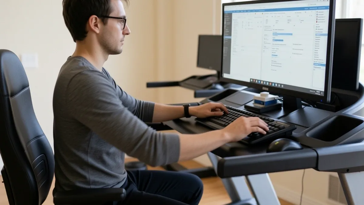 Comfortable Walking Speed for Treadmill Desks Person comfortably typing on a treadmill desk at a moderate walking speed