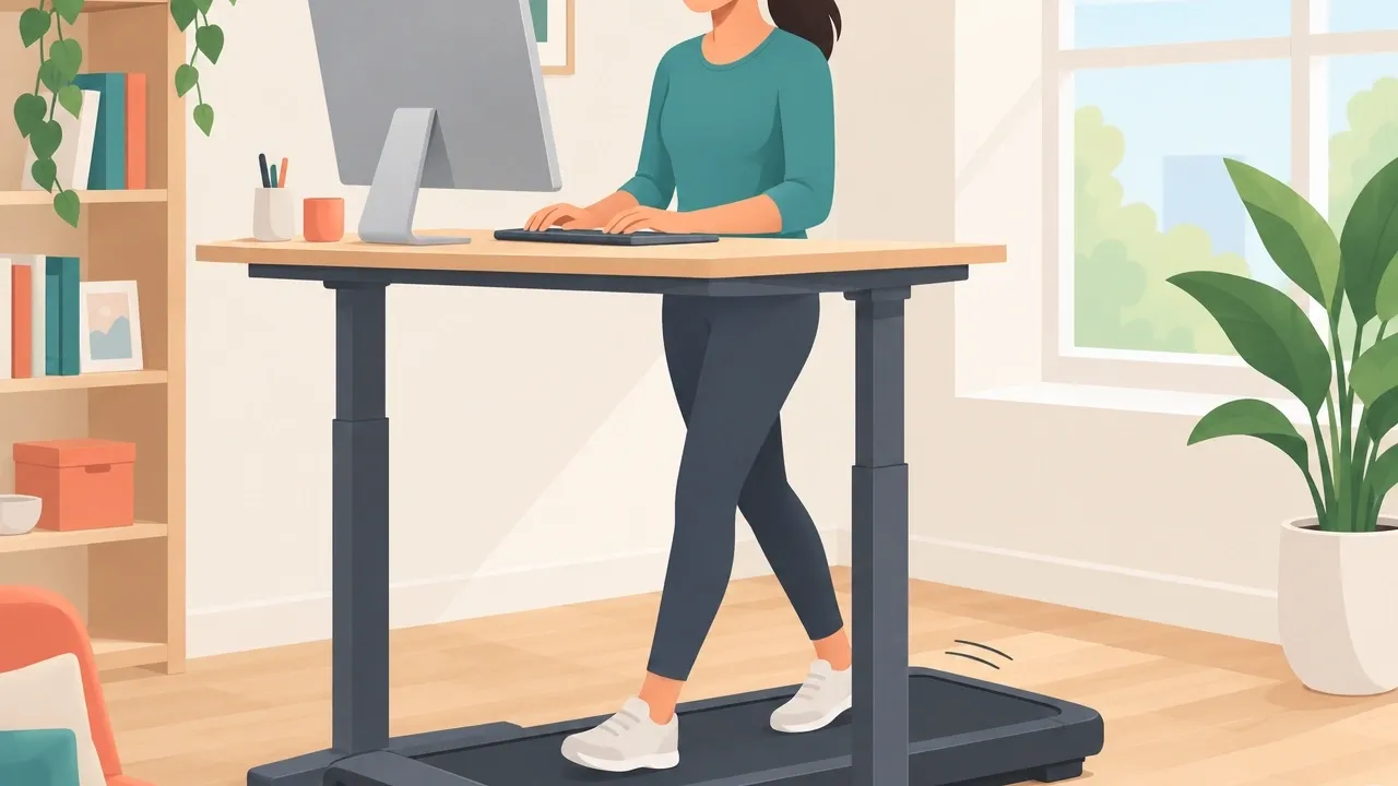 Flat vector illustration of a smiling remote worker walking on a compact walking pad under a standing desk while using a laptop