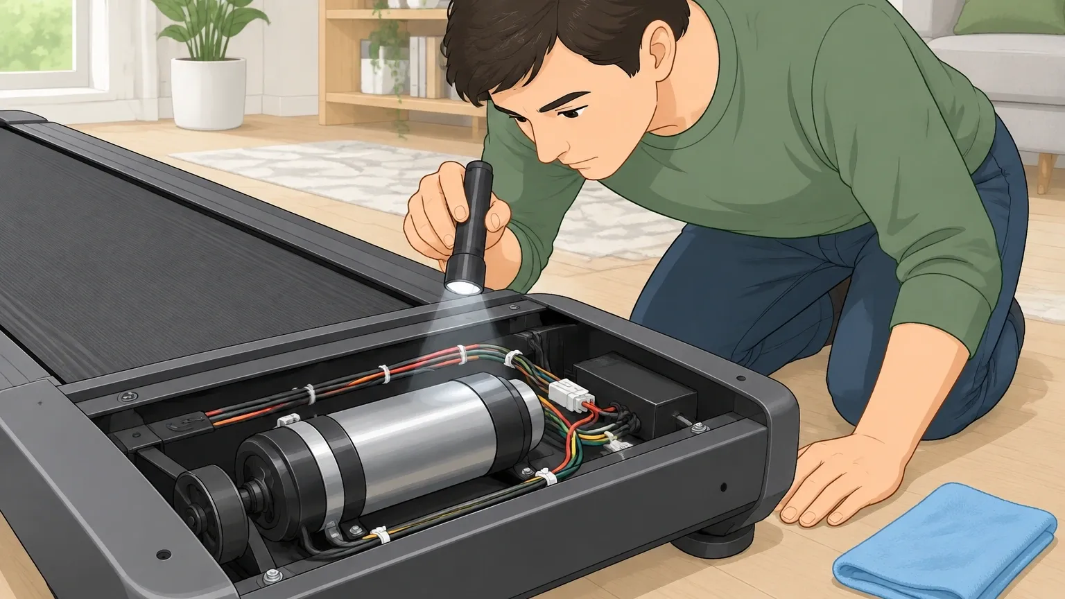 Inspecting Walking Pad Motor After Cleaning Person inspecting the cleaned walking pad motor for burnt smells, melted wires, or oil puddles