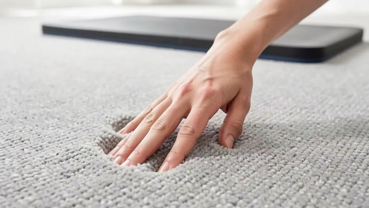 Testing Low-Pile Carpet Firmness Hand pressing on low-pile carpet to test firmness for walking pad placement