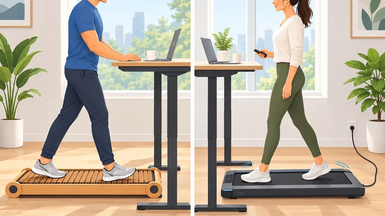 Side-by-side illustration comparing a manual walking pad and an electric walking pad under standing desks in a bright home office