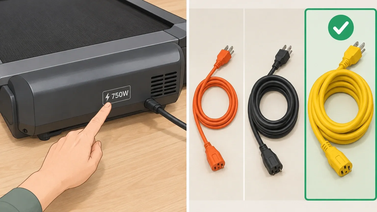 Choosing correct extension cord gauge for walking pad Person pointing to wattage label on walking pad motor and selecting correct extension cord gauge