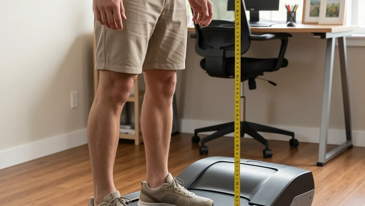 Correct Eye Height Measurement on a Treadmill Desk Person measuring eye height from the treadmill deck surface with a tape measure