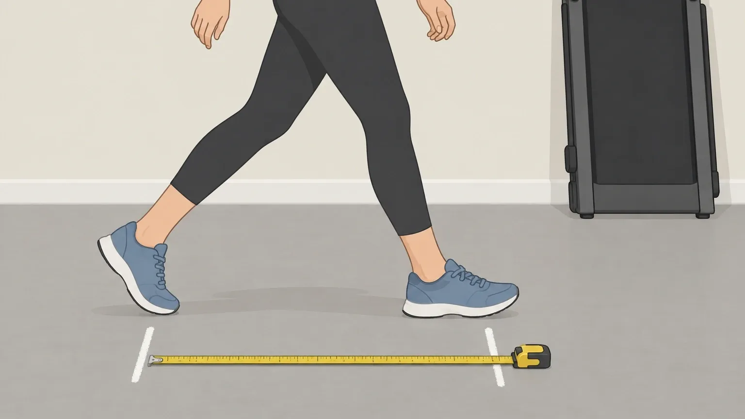 How to Measure Stride for Walking Pad Illustration of a person measuring their stride length with chalk marks and a tape measure