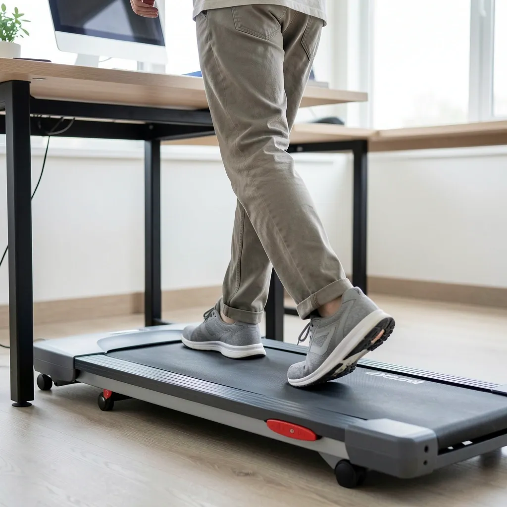 Midfoot Strike Form on Desk Treadmill Person demonstrating midfoot strike walking form on an under-desk treadmill