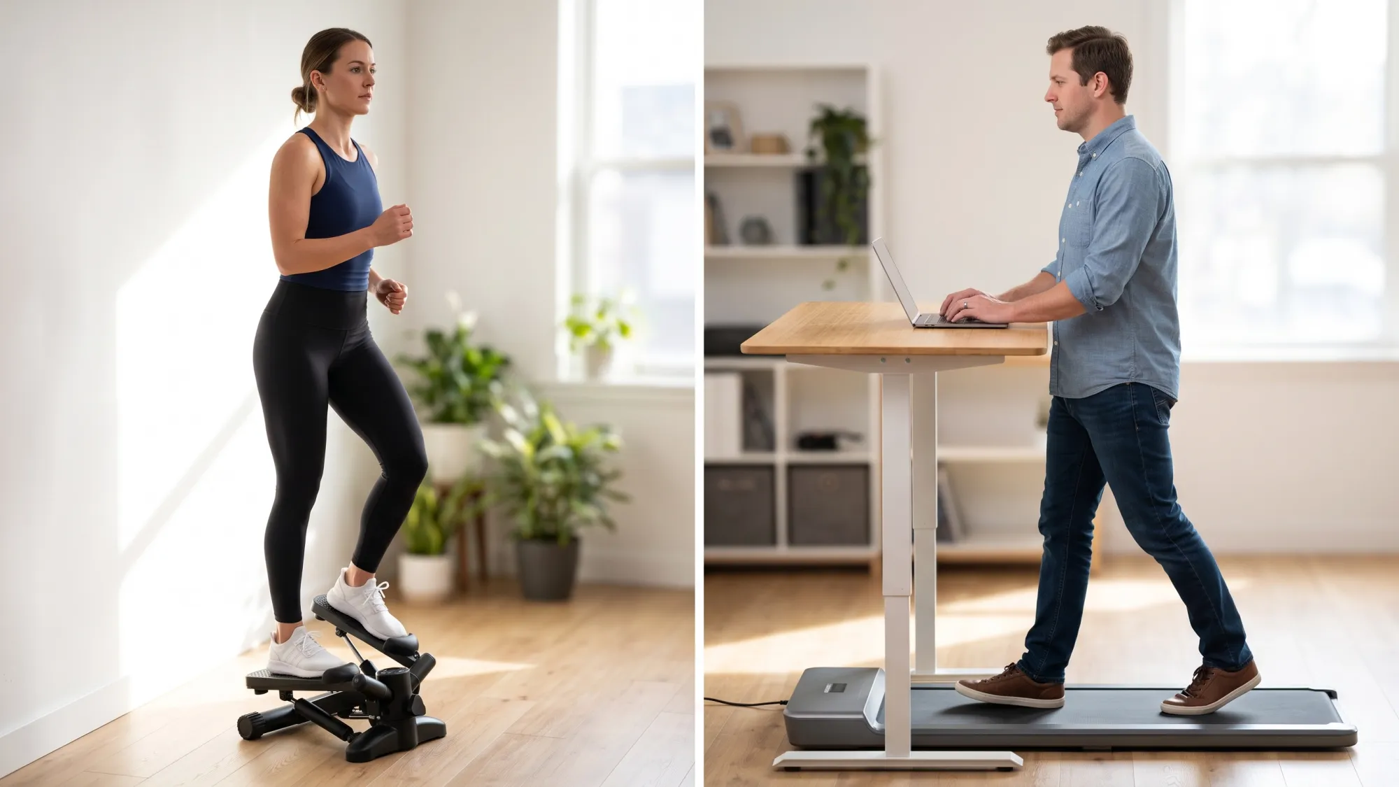 Stepper Intensity vs Walking Pad Consistency Woman using a mini stepper next to man walking on a walking pad in a split scene