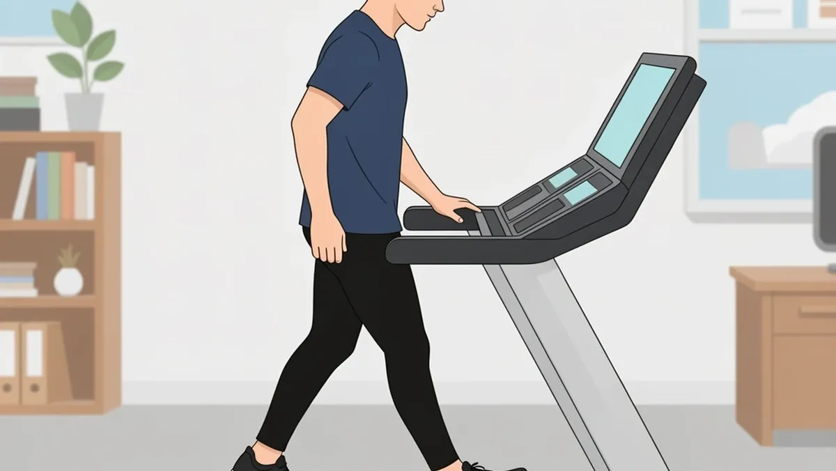Monitor Tilt for Walking Stride Side view of a treadmill desk user with the monitor tilted upward to match the walking stride