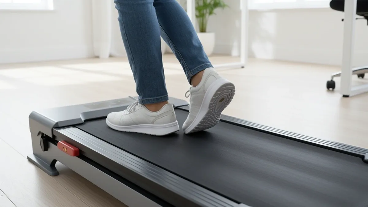 New Walking Pad Break-In Person walking on a brand new under desk treadmill with clean belt