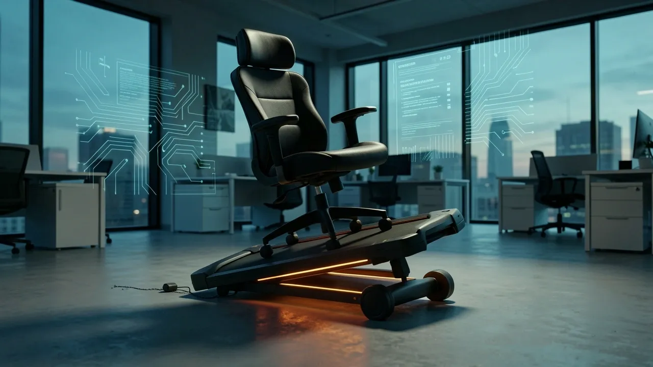Ergonomic office chair awkwardly placed on a walking pad, wheels slipping, illustrating unsafe setup