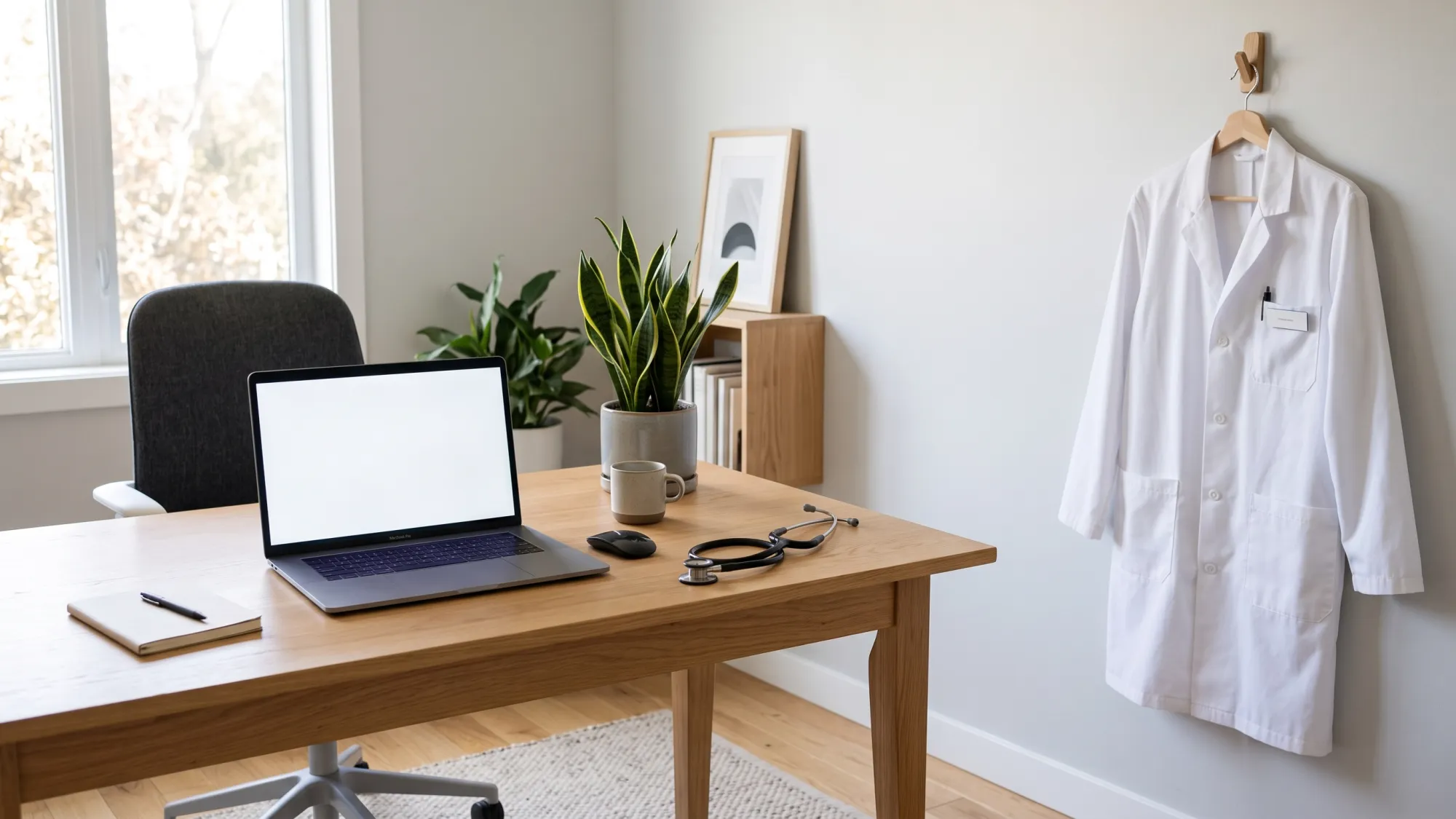 Laptop and doctor's coat representing two ways to get a medical necessity letter.