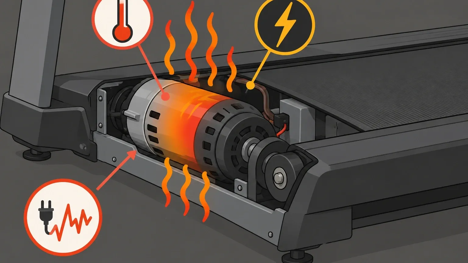 Overheating walking pad motor from power issues Illustration of an overheating walking pad motor with heat waves and warning symbols