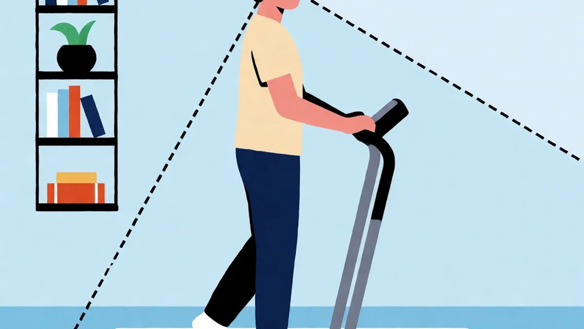 Illustration of a room with peripheral visual cues like a patterned rug and shelf to help with balance