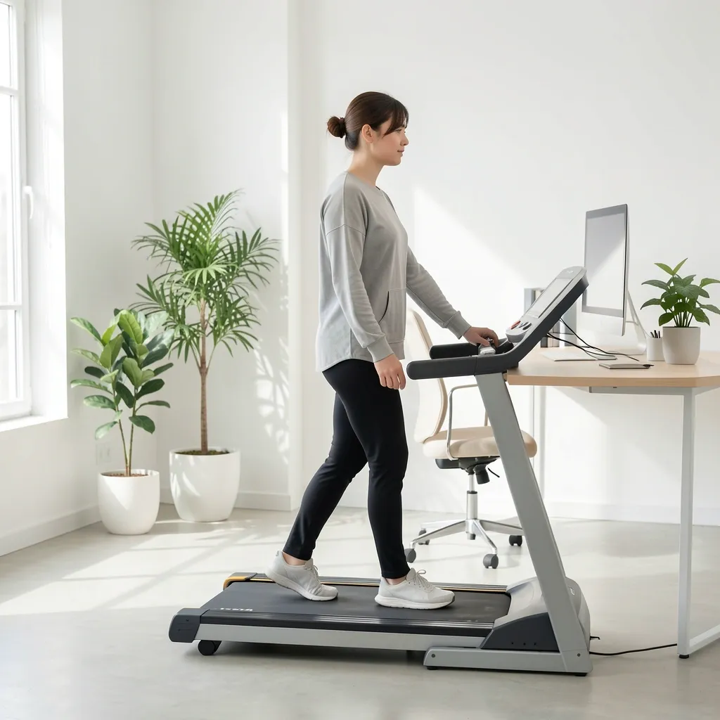 Person walking on an under-desk treadmill at a standing desk in a bright modern office