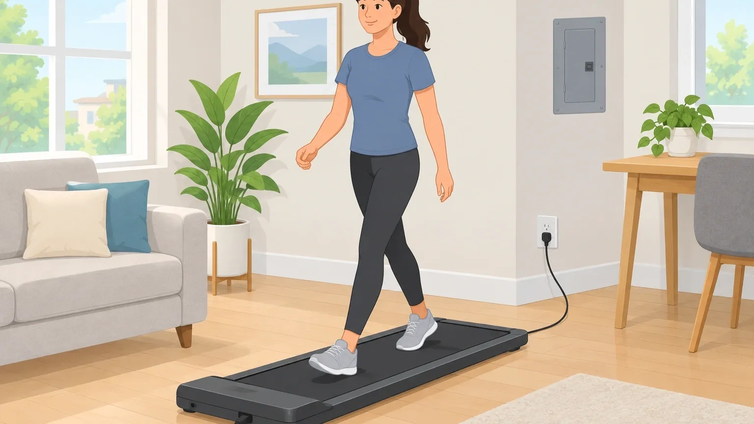 Person walking on a compact walking pad at home with a power cord connected to a wall outlet and breaker panel in background