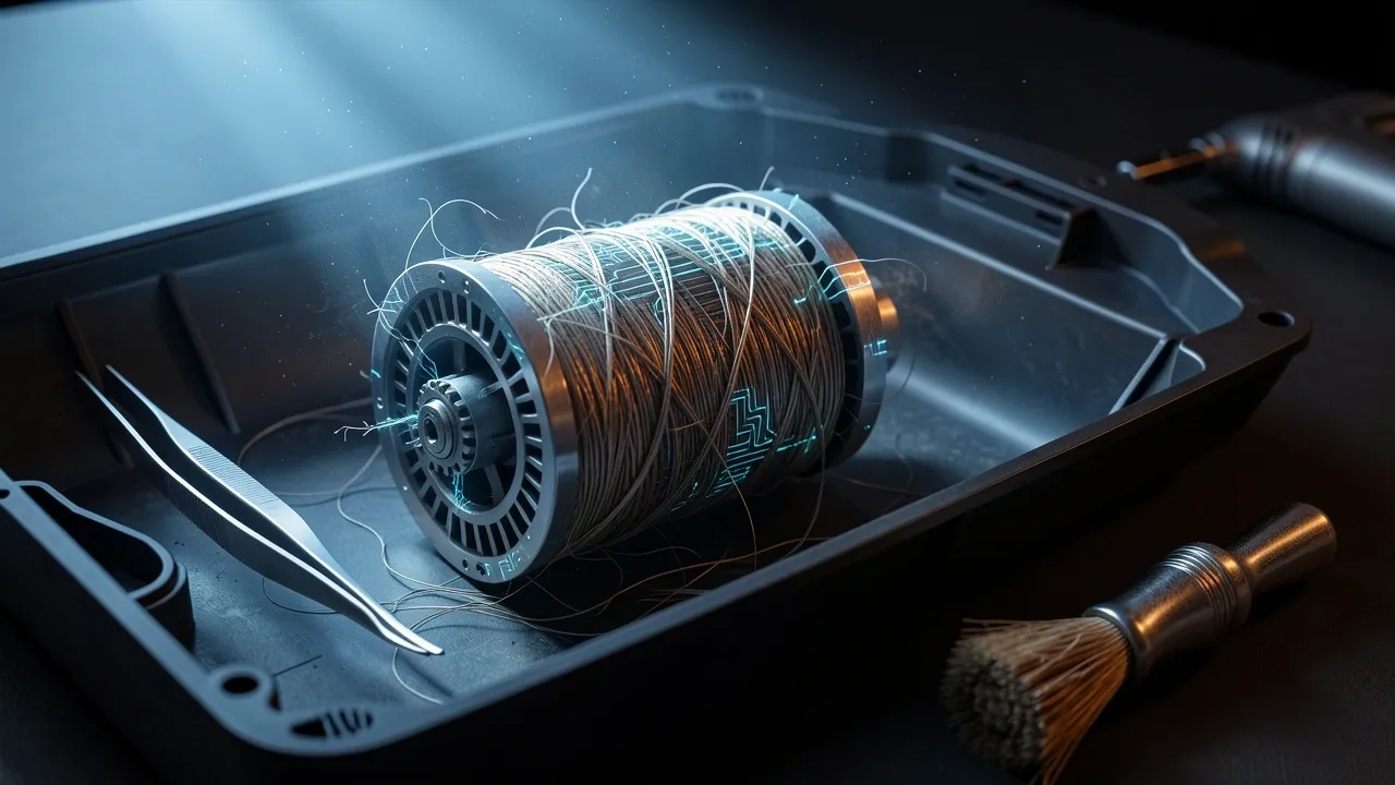 Pet hair wrapped around treadmill motor shaft during motor chamber cleaning