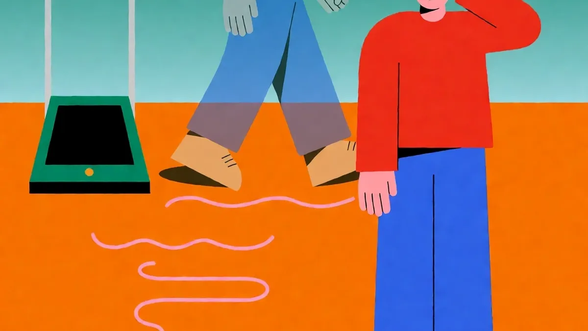 Illustration of a person feeling phantom motion after stepping off a walking pad